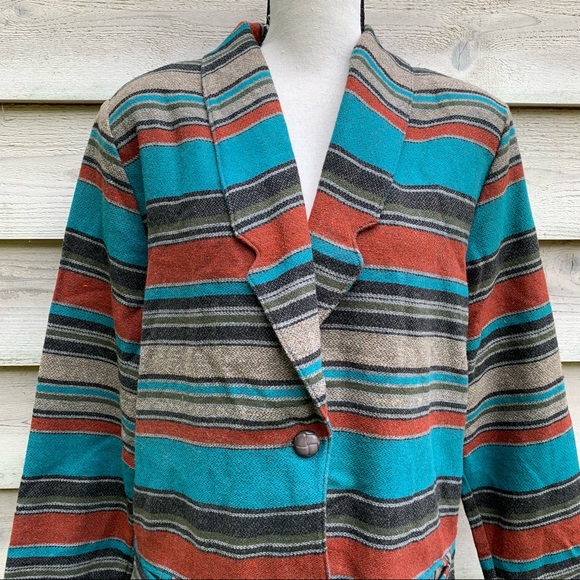 Vintage 80s Wool Blend Striped Print Collared V-Neck Long Sleeve Casual Jacket - Picture 7 of 16